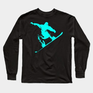Snowboarding Neon Aqua on Black Abstract Snow Boarder Long Sleeve T-Shirt